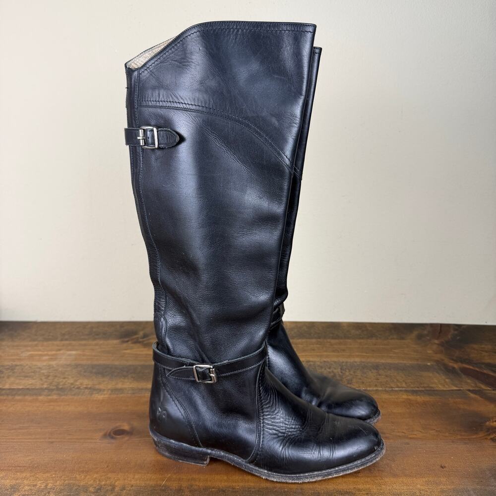 Frye Dorado Black Leather Tall Riding Boots Women's 8 Knee High Buckle 77560